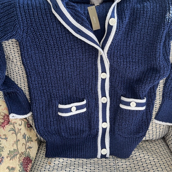 Navy Blue Knit Sweater with White Trim - Picture 7 of 11
